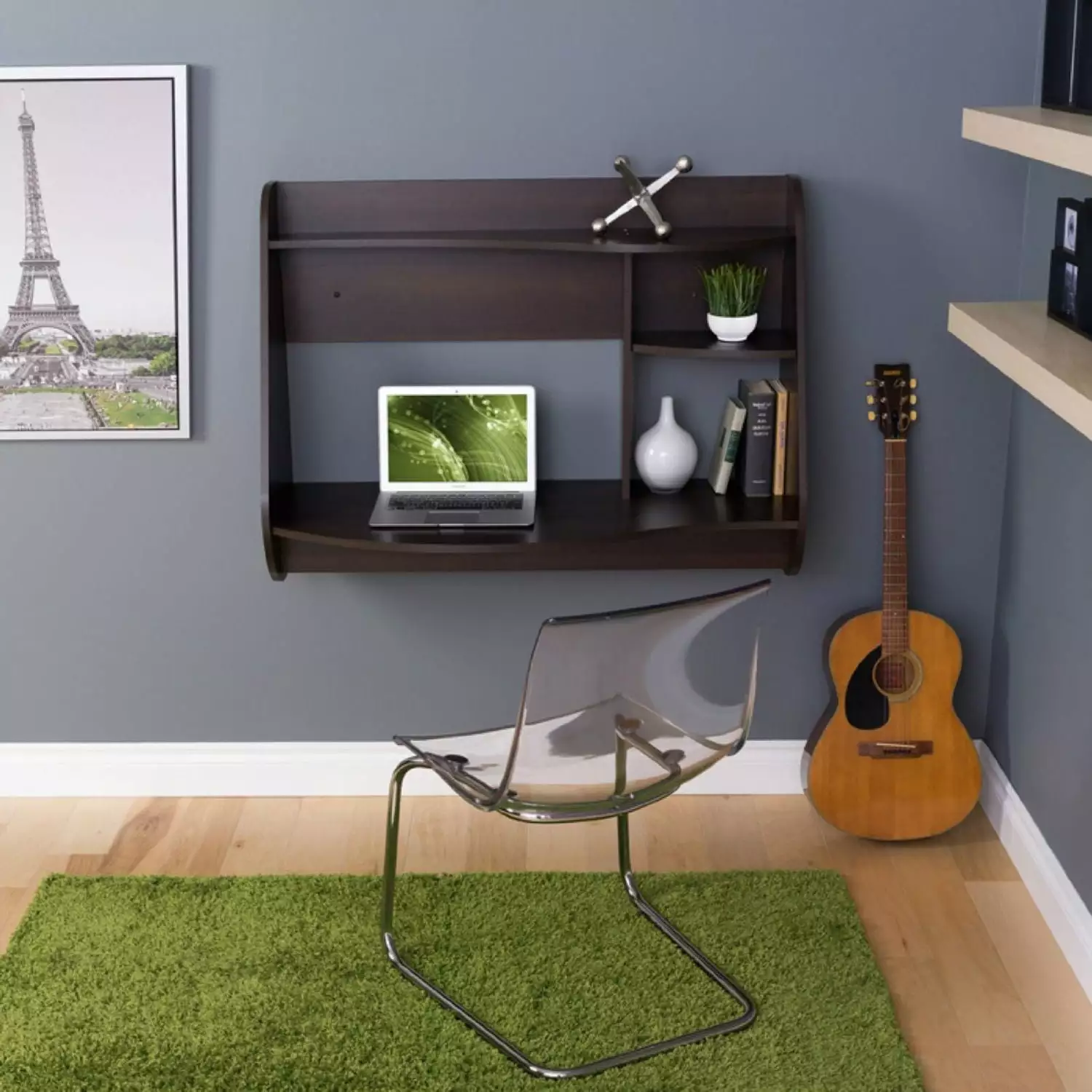 Espresso Wall-Mount Modern Floating Desk Laptop Computer or Tablet Fast Furnishing