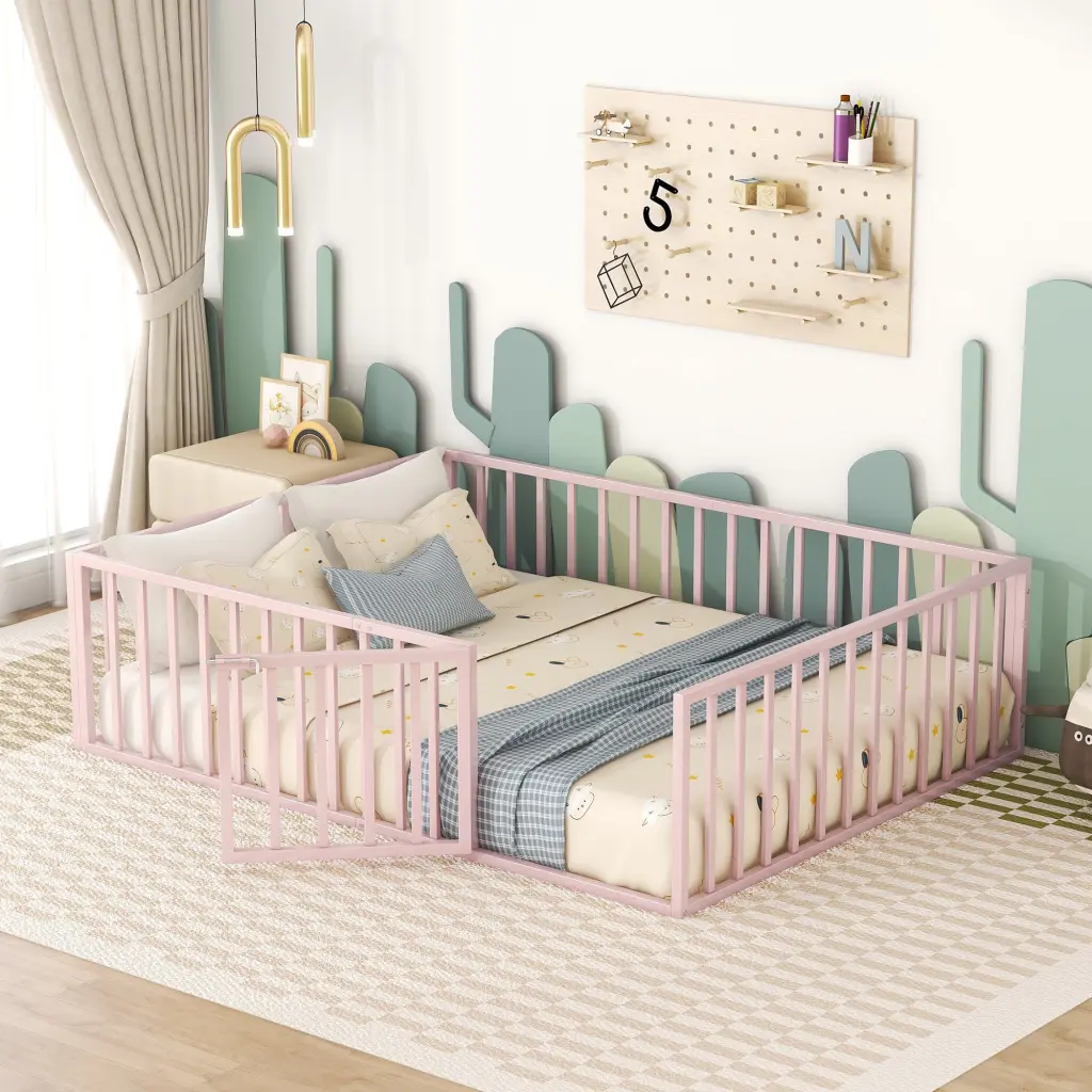 Queen Size Metal Floor Bed Frame Fence And Door Pink lucky world
