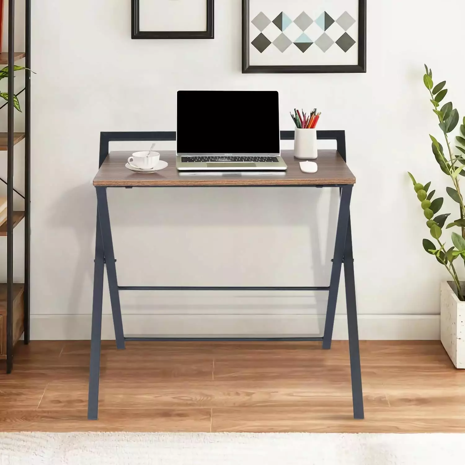Foldable Computer Table Writing Desk Metal Frame Wood Top No Assembly Required Homylin