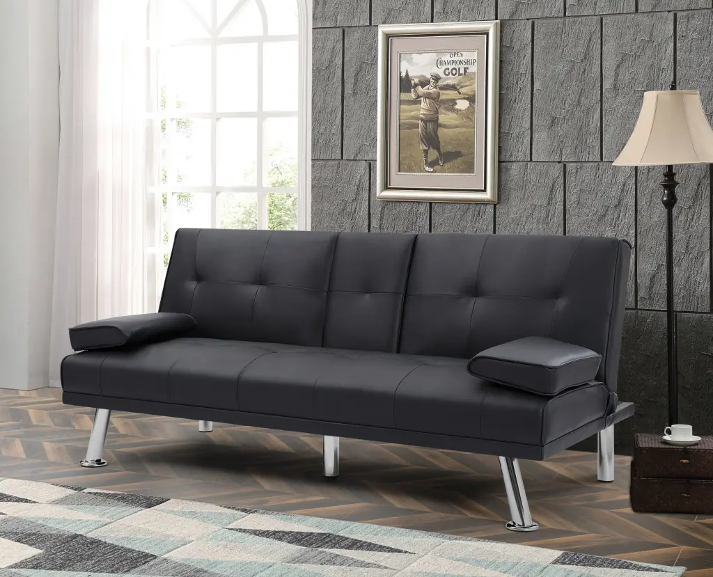 Black Foldable Sofa Bed Cup Holder Faux Leather Wood Frame aihua