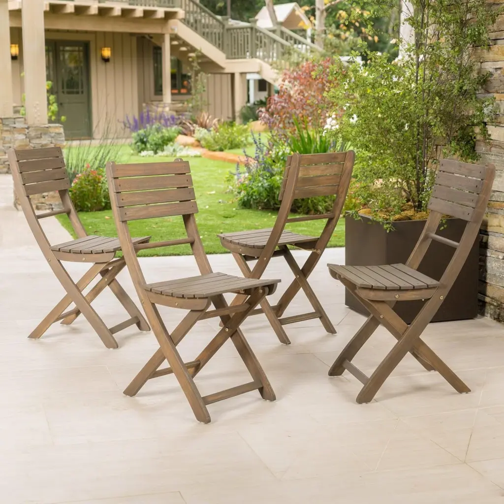 Positano 4 Piece Foldable Chair Set Grey Acacia Wood Outdoor Indoor Seating nh-gardenpara