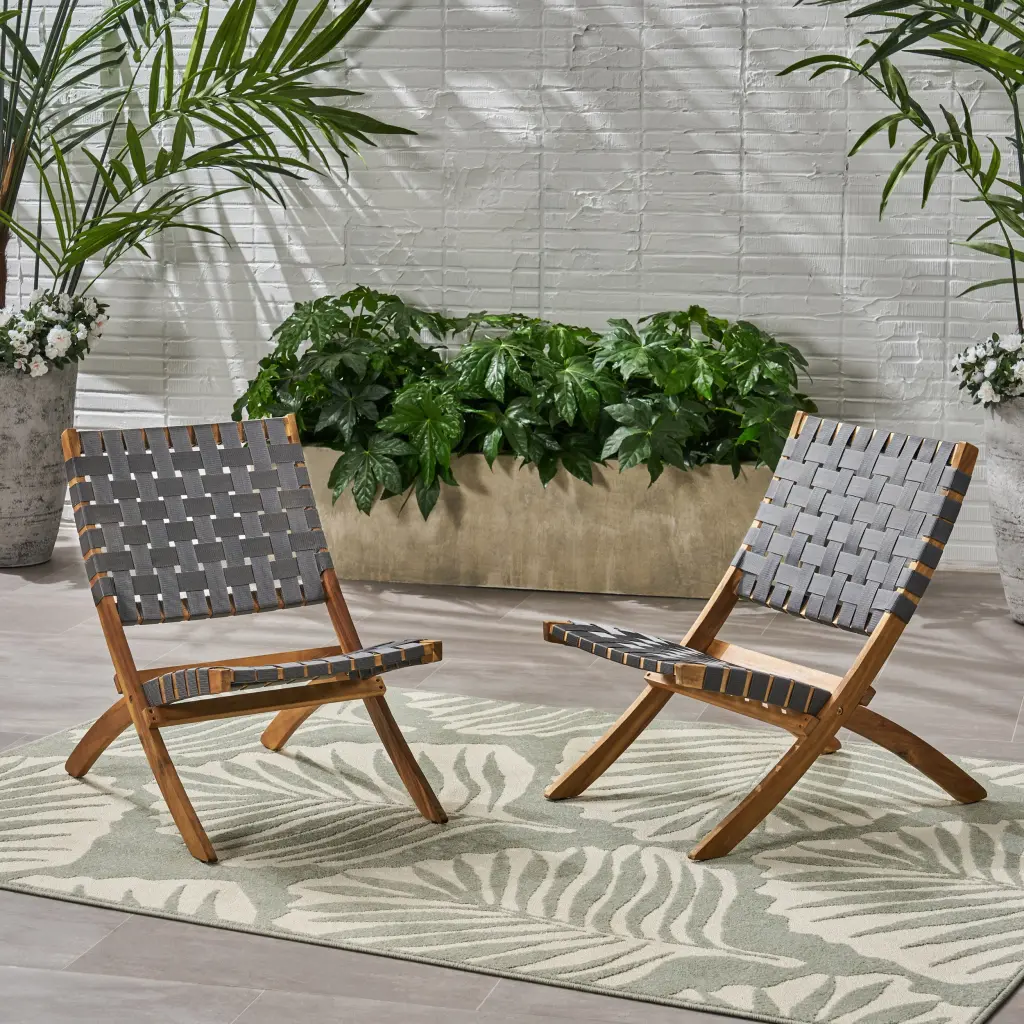 Huntsville Foldable Chair Set 2 Black Brown Acacia Wood nh-sunfay