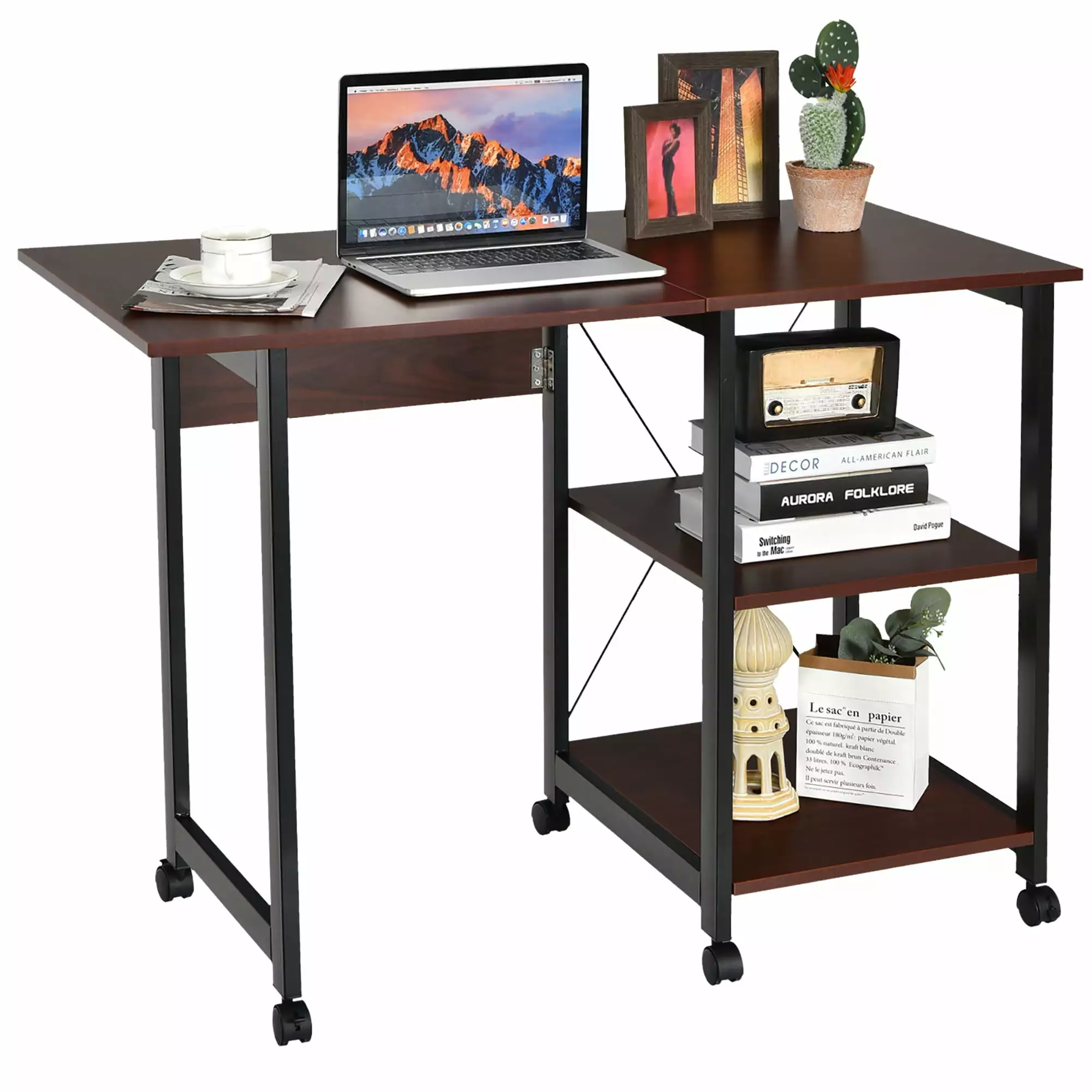 Costway Rolling Folding Computer Desk Storage Shelves Home Office