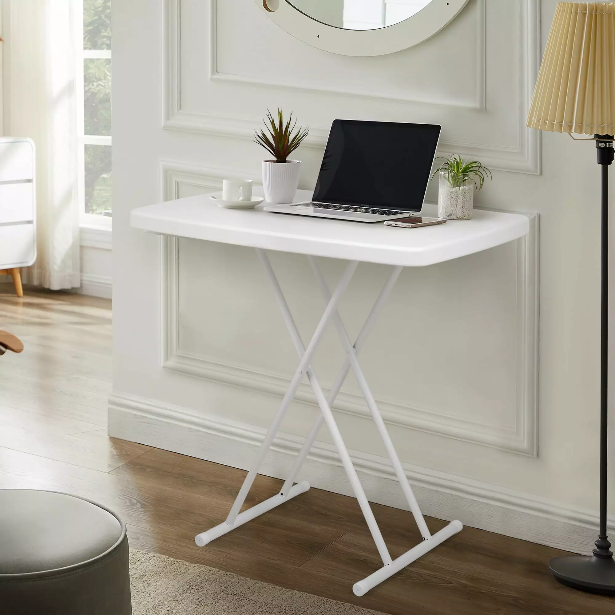 Folding Table Writing Desk Adjustable Height Study Office Home Use White Four Rounded Corners FHWMECD