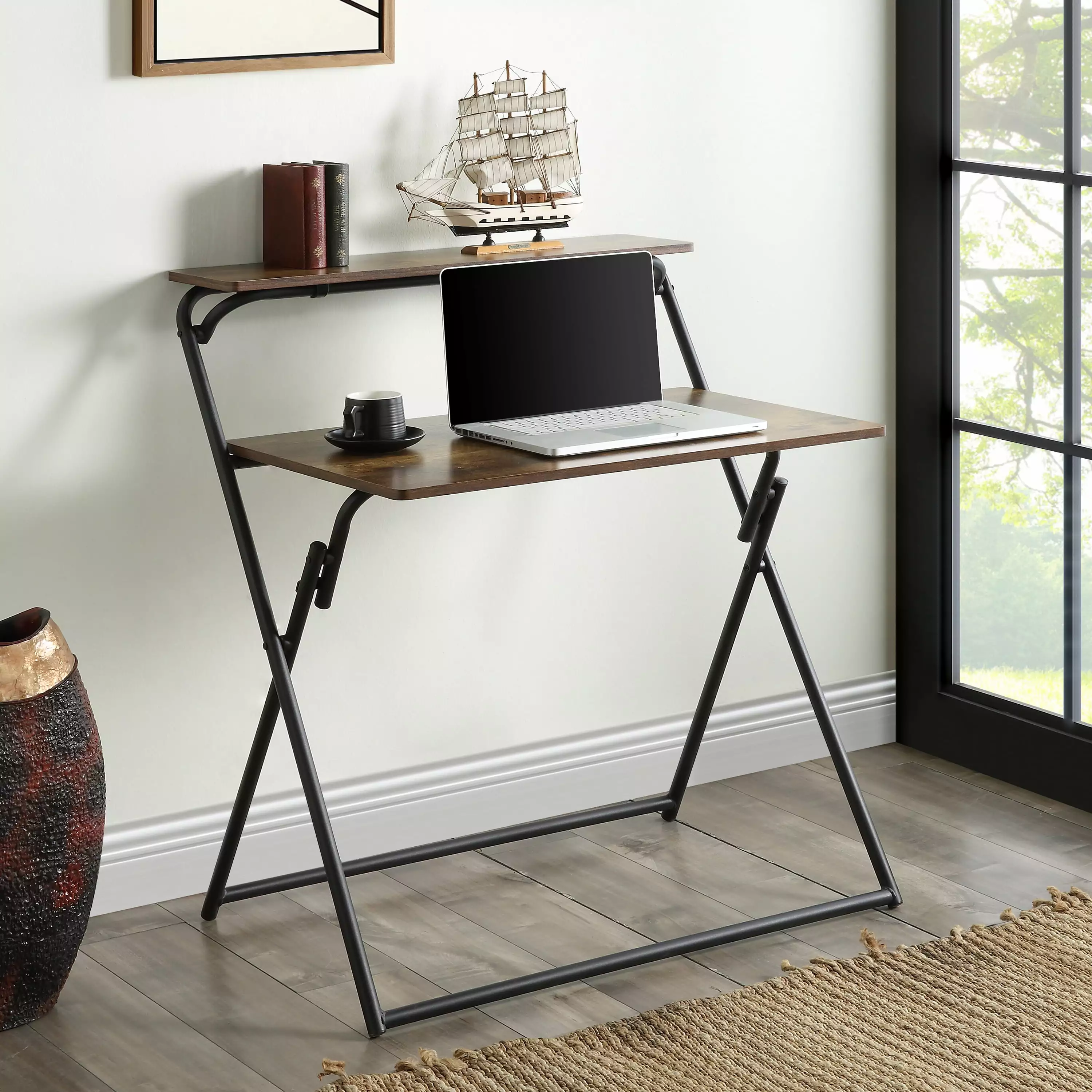 Home Office Folding Desk 2-Tier Small Computer Desk Shelf No Assembly Required Space Saving Foldable Table Small Spaces ibsun