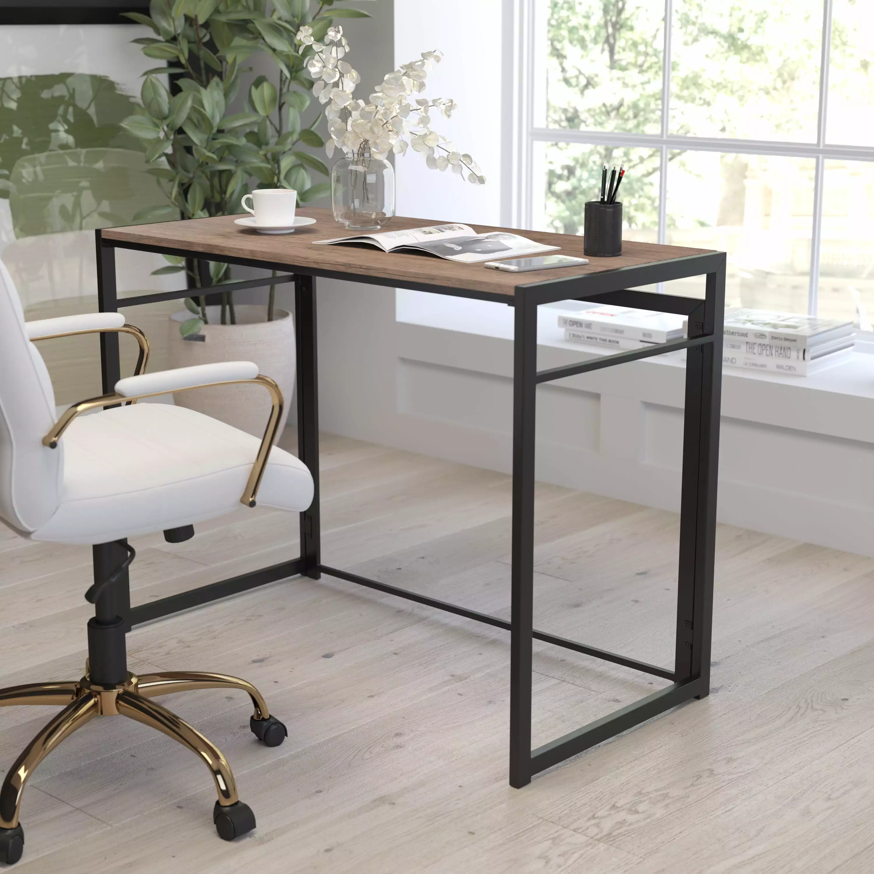 Merrick Lane Folding Computer Desk Rustic Wood Grain Finish and Metal Frame Folding Laptop Desk Home Office