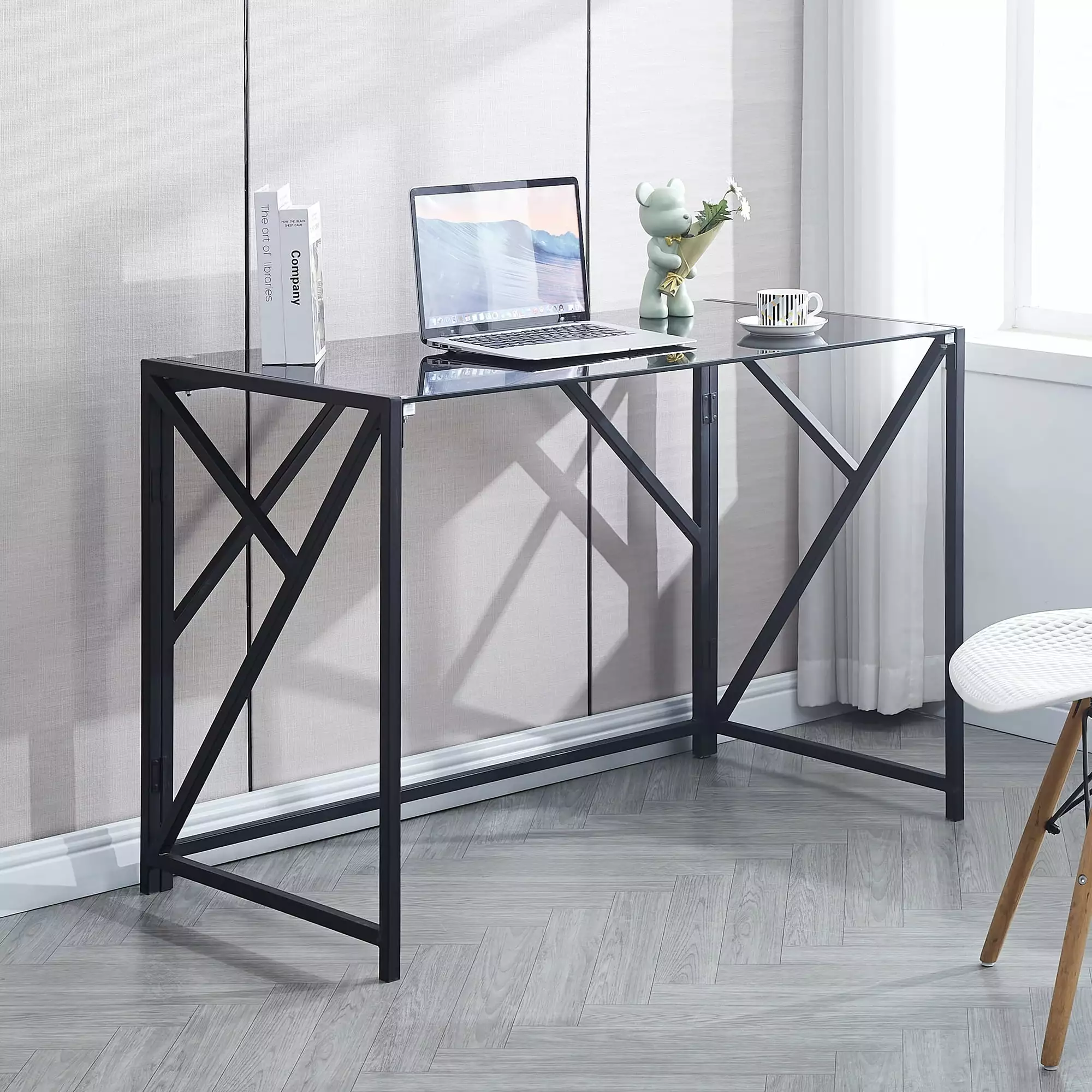 S&M Tempered Glass Computer Desk Black Folding Desk Student Writing Study Desk 43.5 L x 21.7 W x 29.9 H