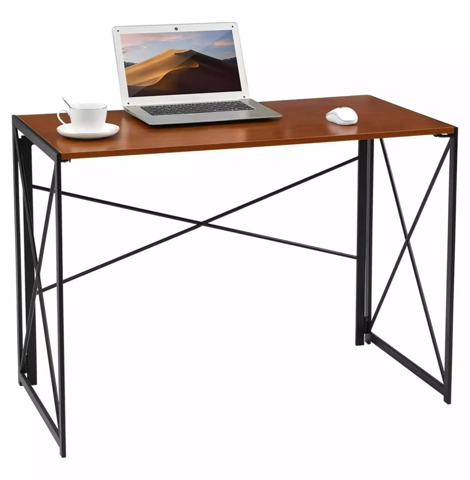 Superwum Modern Simple Industrial Folding Laptop Table Walnut Brown and Black Frame Home Office