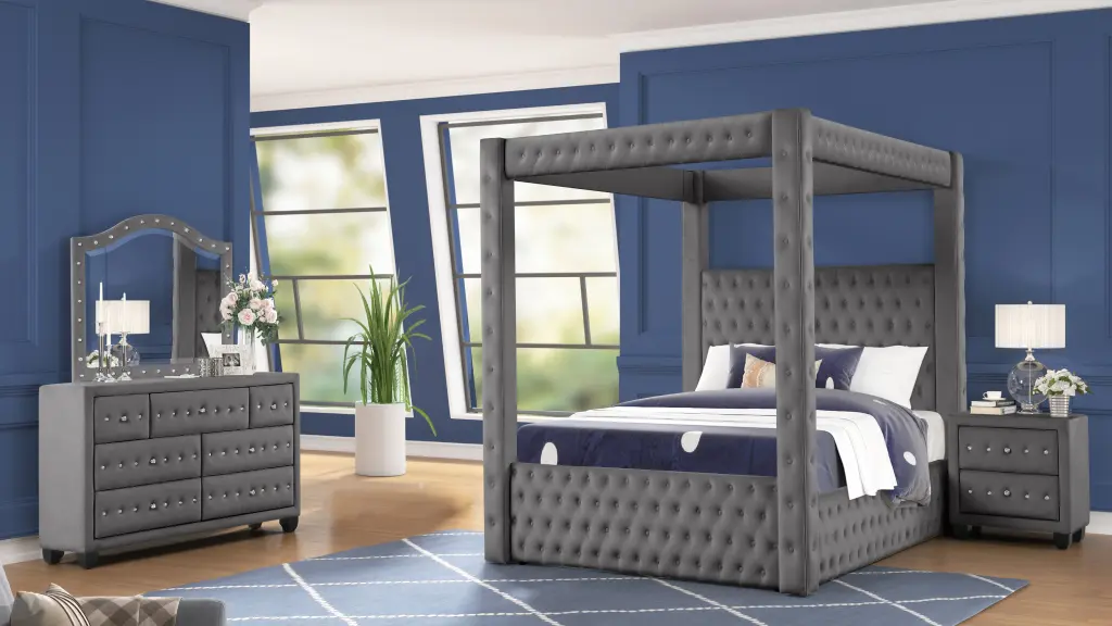Monica Opulent Gray Four Poster Full Bed Wood Frame 4 Piece Set galaxy home furnishings