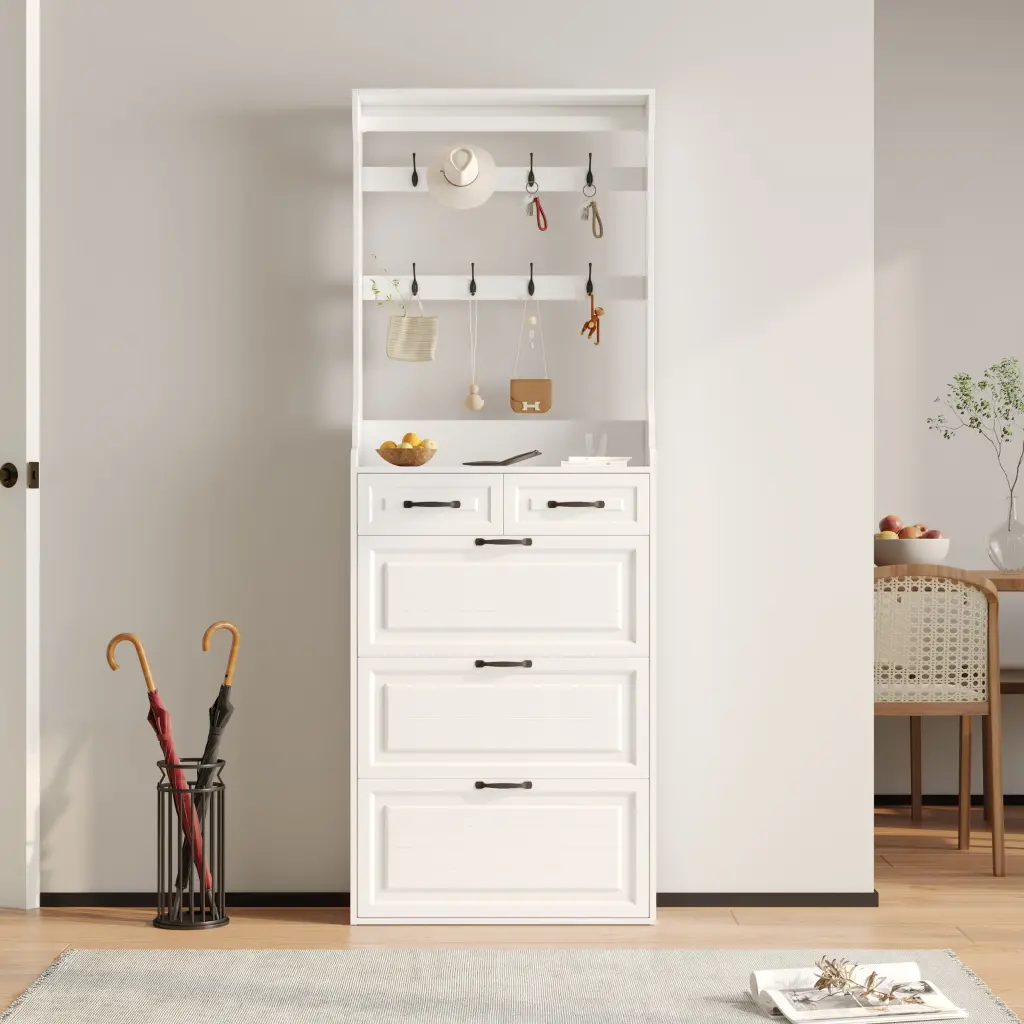 White PVC Door Shoe Cabinet 3 Doors 2 Drawers And Hanger Storage Organizer zr furniture