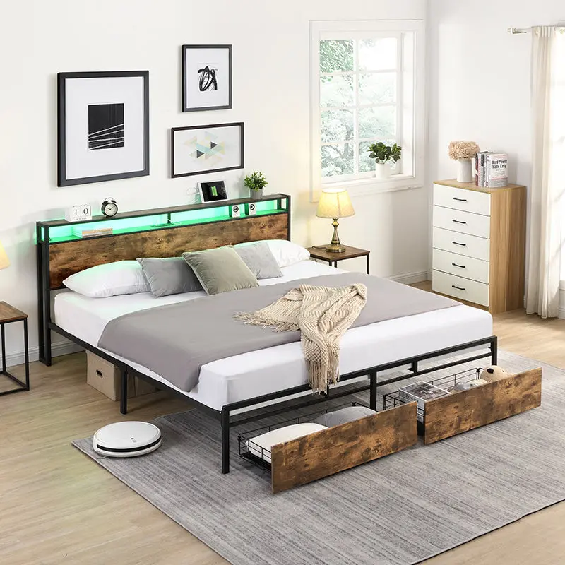 Full Bed Frame Storage Headboard And Charging Station Solid Sturdy Construction rnb