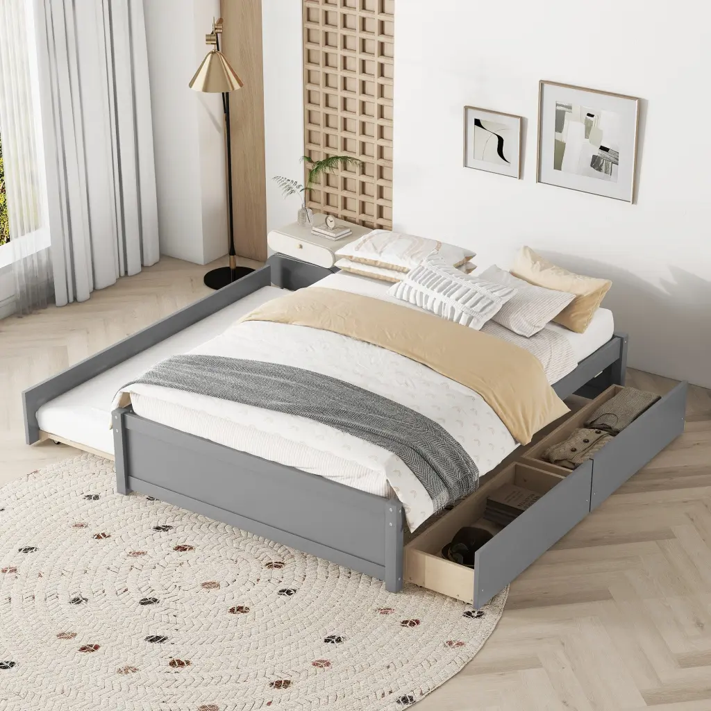 Full Bed Twin Size Trundle And Two Drawers Grey Color fangxing