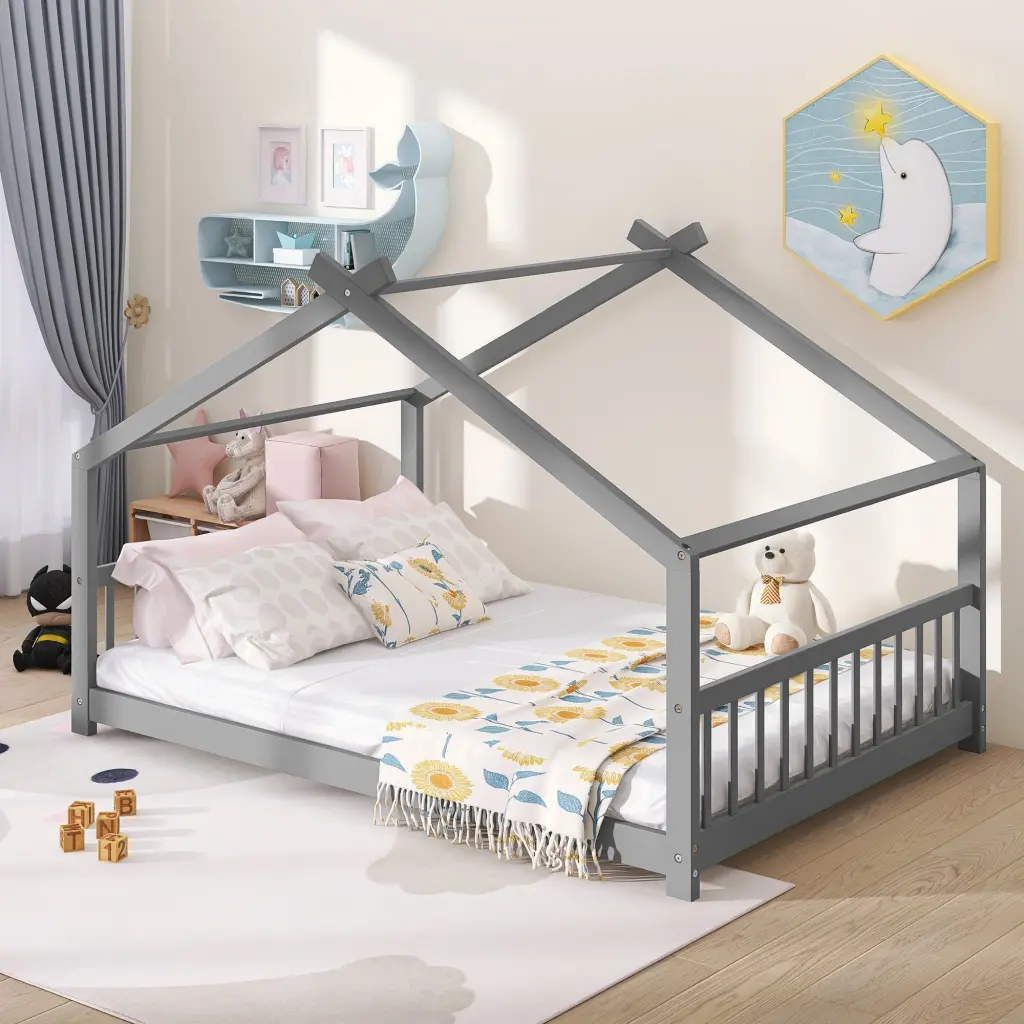 Full Size House Bed Wood Bed Gray Solid Wood Kids Bed Fence lucky furniture