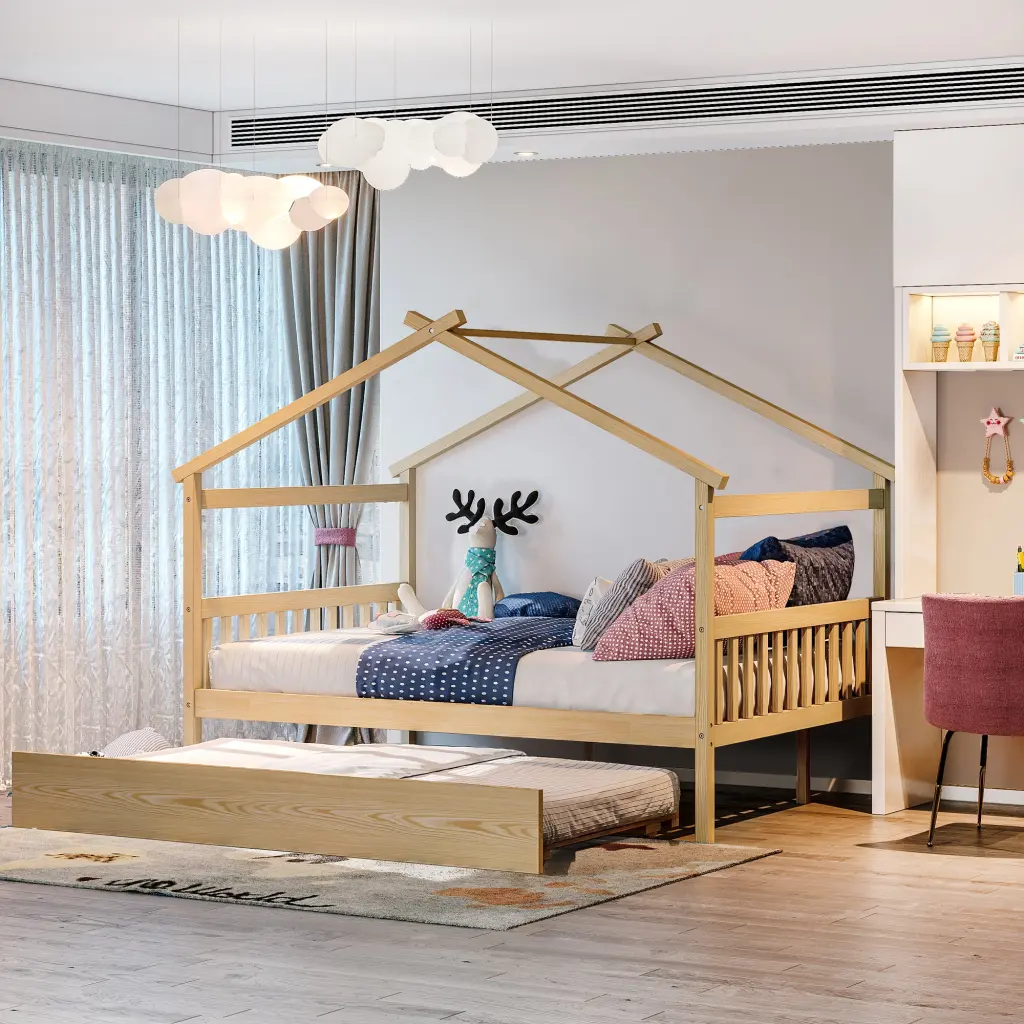 Full Size Wooden Houtilize Bed Twin Size Trundle Natural Solid Wood lucky furniture