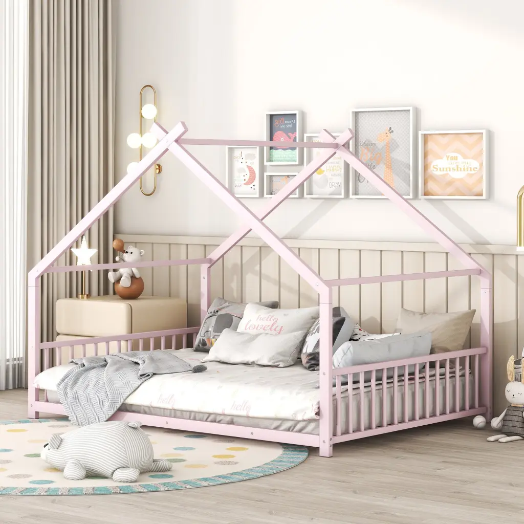 Full Size Metal Platform Bed Pink Industrial Style Frame lucky world