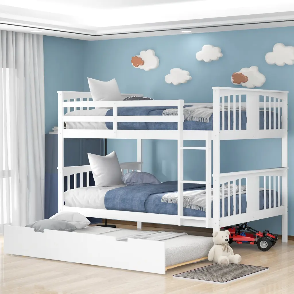 Full Over Full Bunk Bed Twin Size Trundle And Ladder White lucky furniture