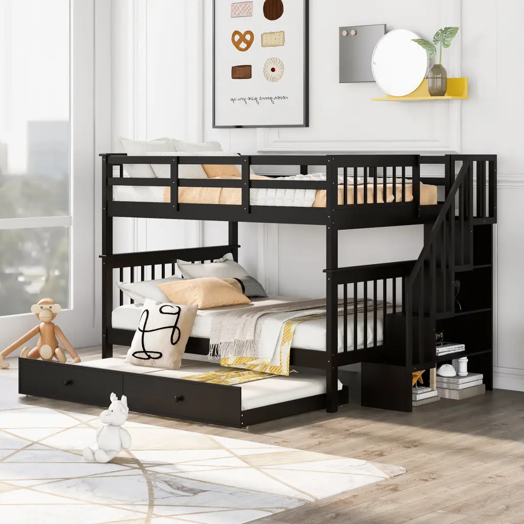 Stairway Full Over Full Bunk Bed Twin Size Trundle Storage And Guardrail lucky furniture