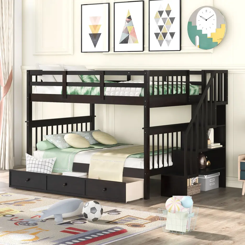 Stairway Full Over Full Bunk Bed Drawer Storage And Guard Rail Kids Teens lucky furniture