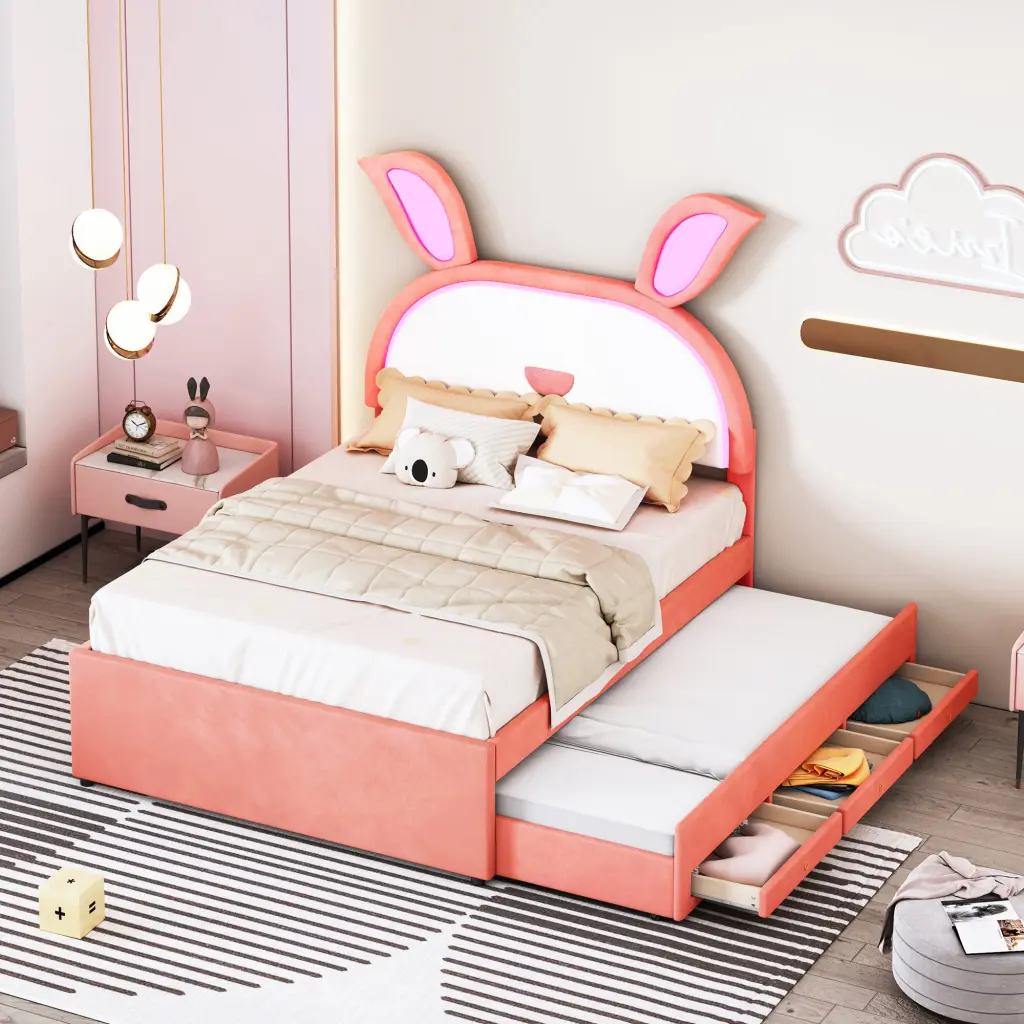 Full Size Upholstered Platform Bed Trundle and 3 Drawers Rabbit Design lucky world
