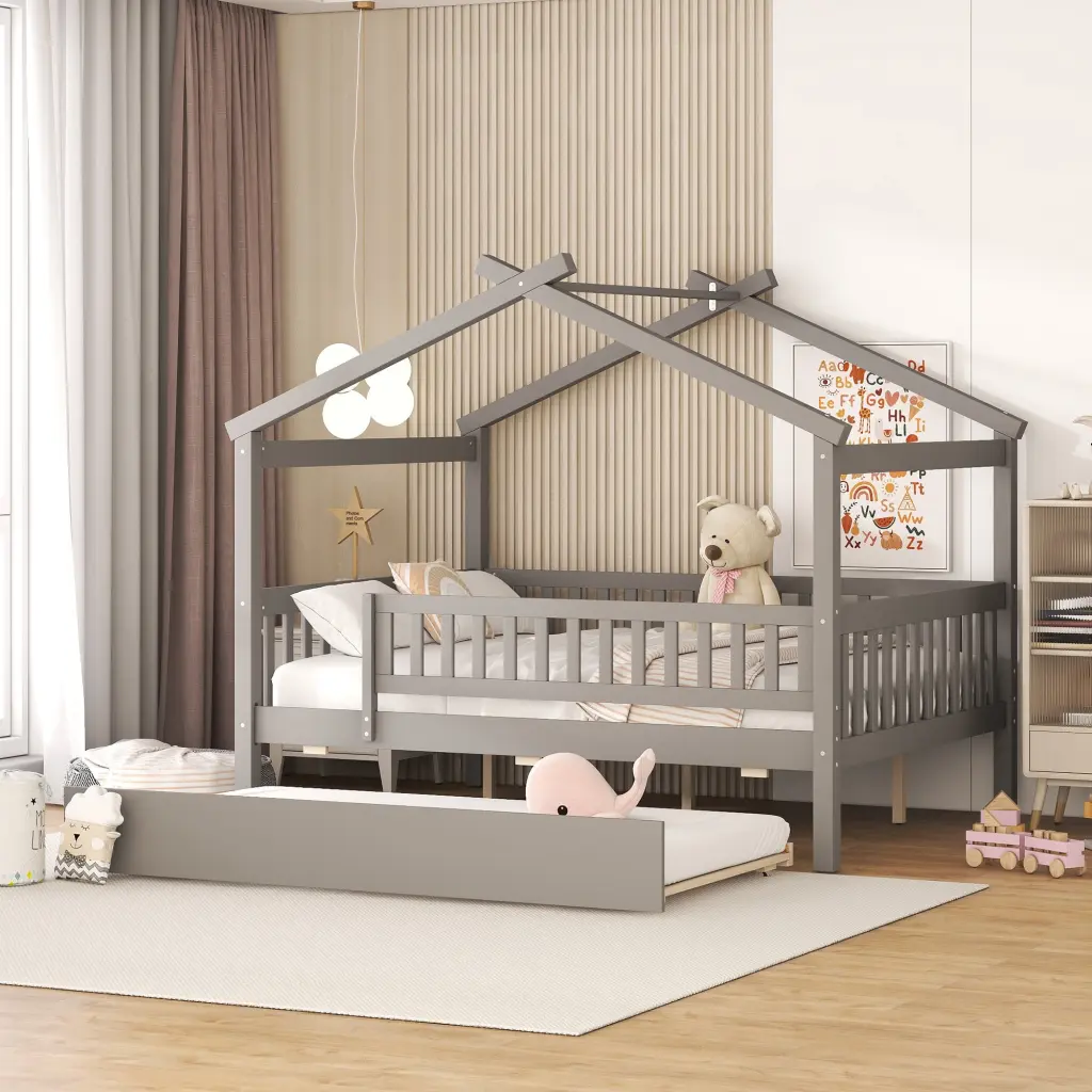 Full Size Wooden Houtilize Bed Twin Size Trundle Gray lucky furniture
