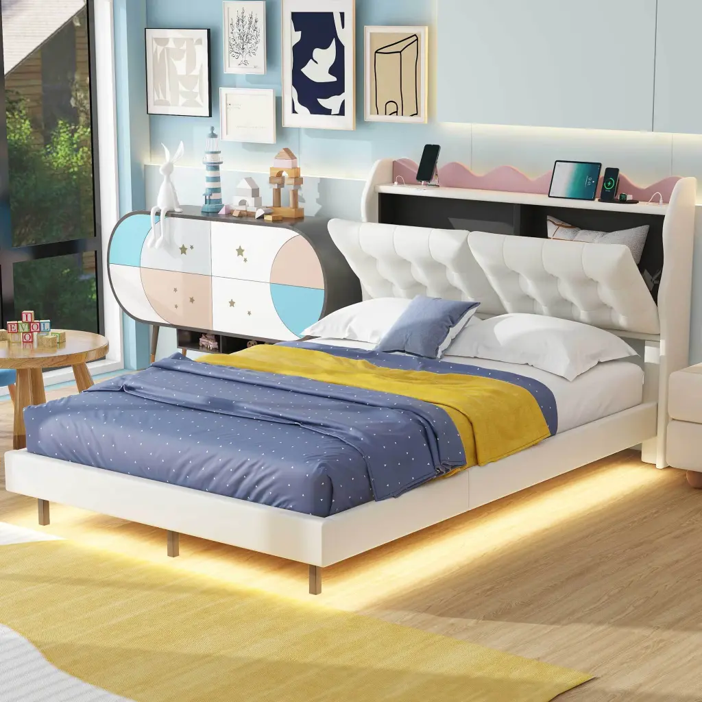 Full Size Upholstered Platform Bed Frame LED Light Strips And Headboard wm dreamland