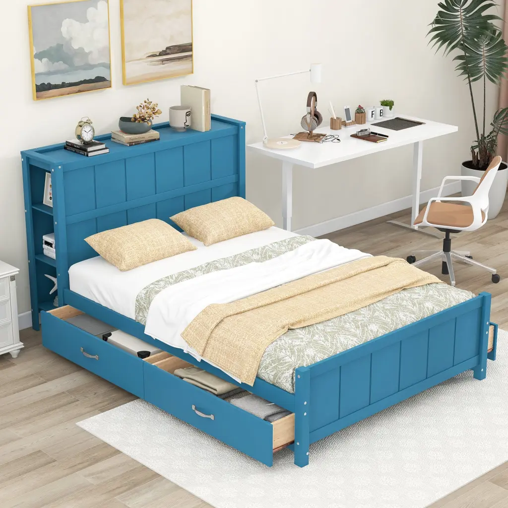 Full Size Platform Bed Drawers And Storage Shelves Blue Pine Wood Frame wm store