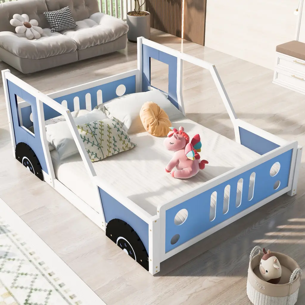 Full Size Timeless Car Influenced Platform Bed Wheels Blue Blue Pine wm store