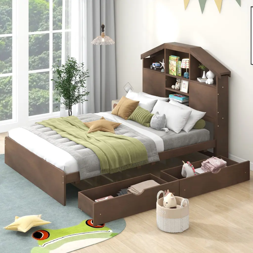 Full Size Wood Platform Bed Storage Headboard and 2 Drawers wm store