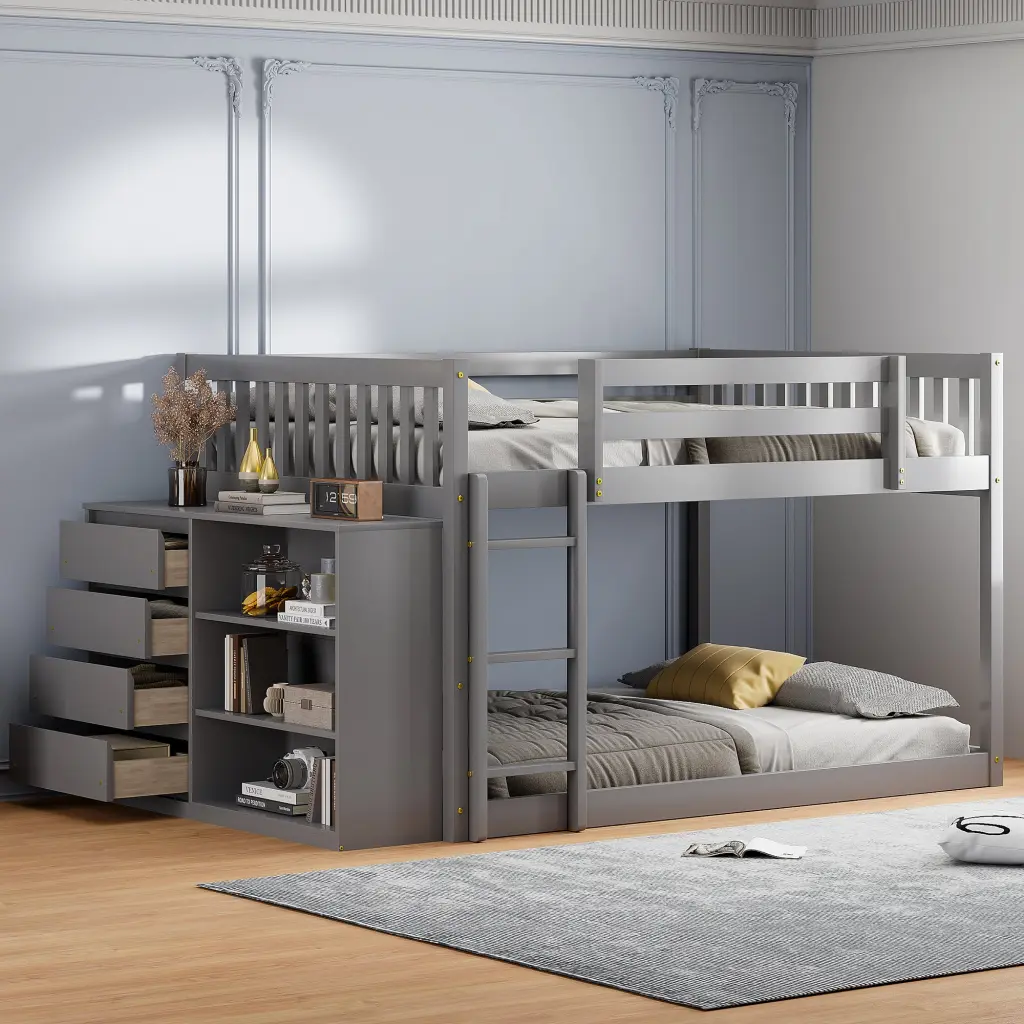 Full Over Full Bunk Bed 4 Drawers And 3 Shelves Gray Space Saving Bed lucky furniture
