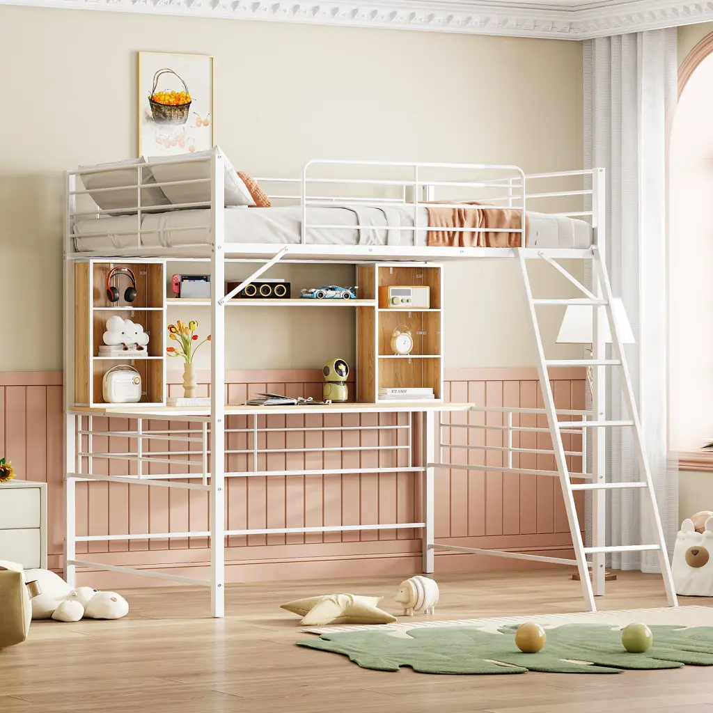 Full Size Loft Bed Desk and Shelf White Space Saving Furniture lucky world