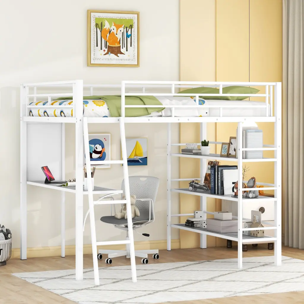 Full Size Loft Metal Bed 3 Layers Shelves And Desk Chic Design lucky world