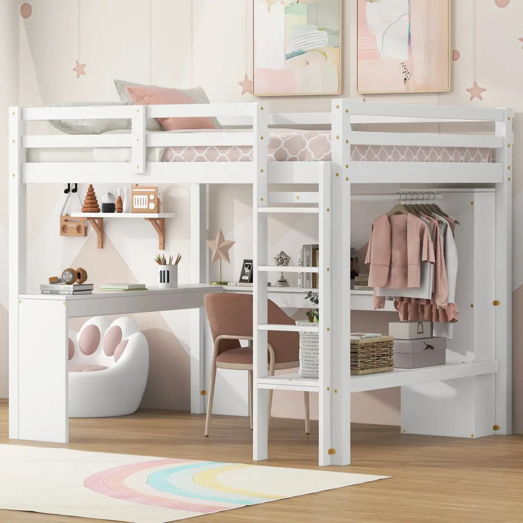 Full Size Loft Bed Desk Wardrobe and Storage Shelves White wm store