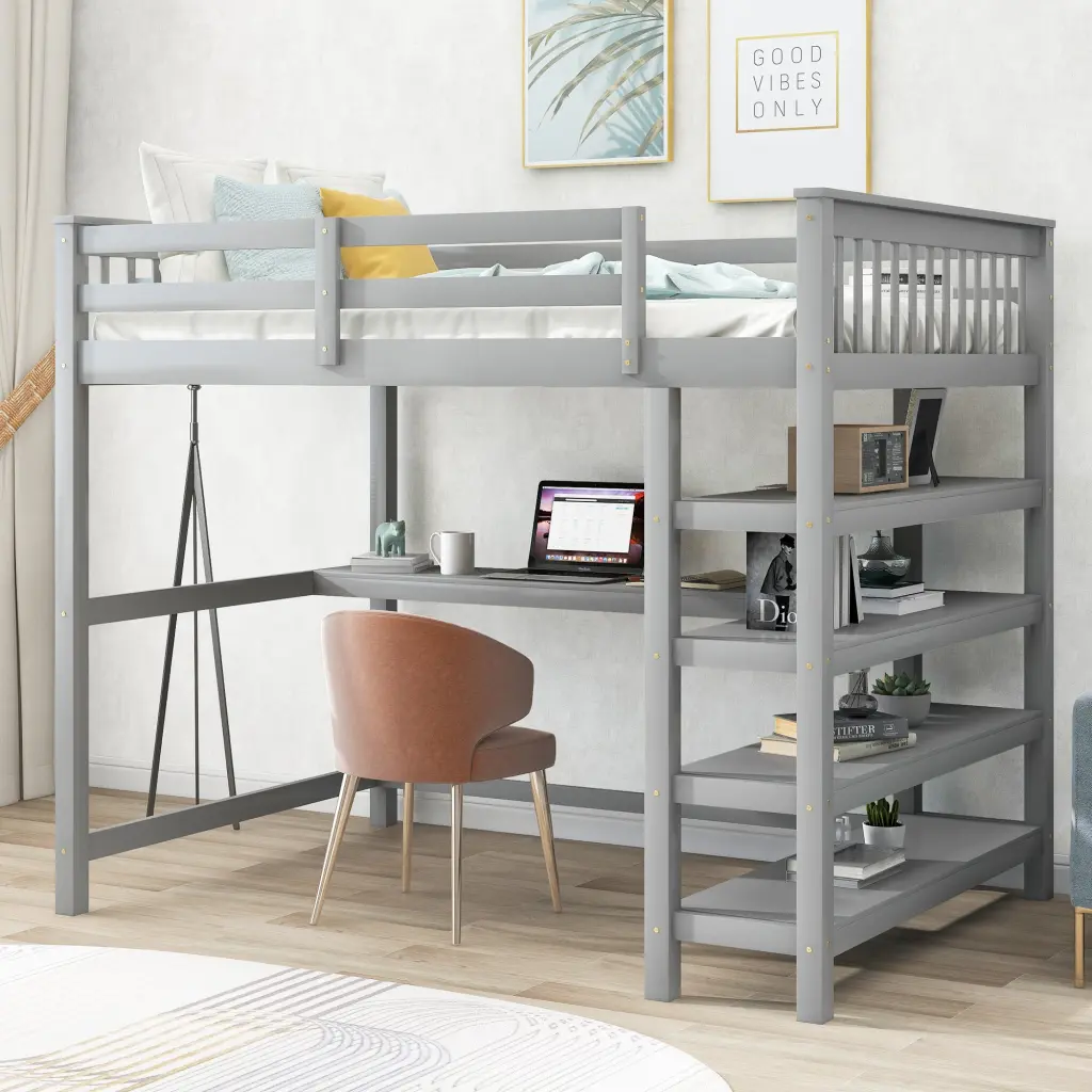 Full Size Loft Bed Storage Shelves And Under Bed Desk Gray Old Style wm store