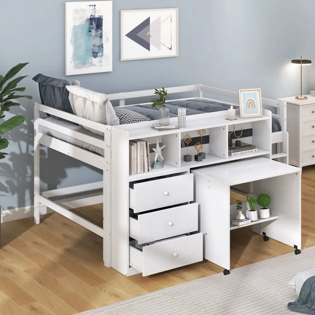Full Size Low Loft Bed Rolling Desk, Drawers, and Shelves wm store