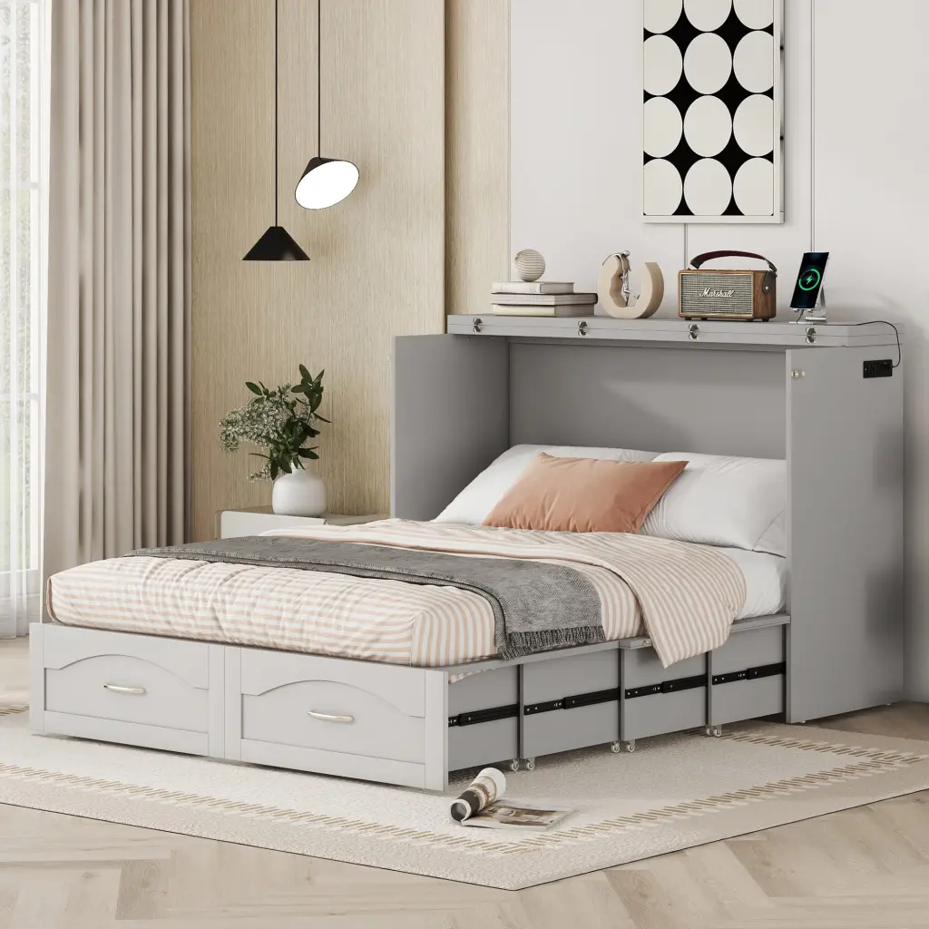 Full Size Murphy Bed Wall Bed Drawer and USB Power Outlets lucky furniture