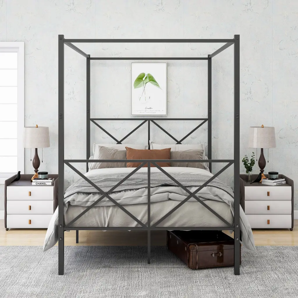 Metal Canopy Bed Frame Full Size Platform X Design Black home furniture