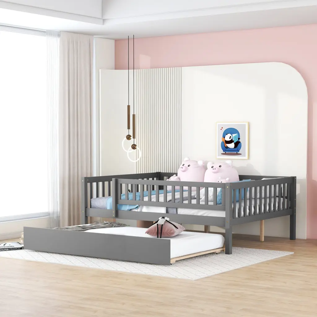 Full Size Gray Wood Daybed Trundle and Fence Guardrails lucky furniture