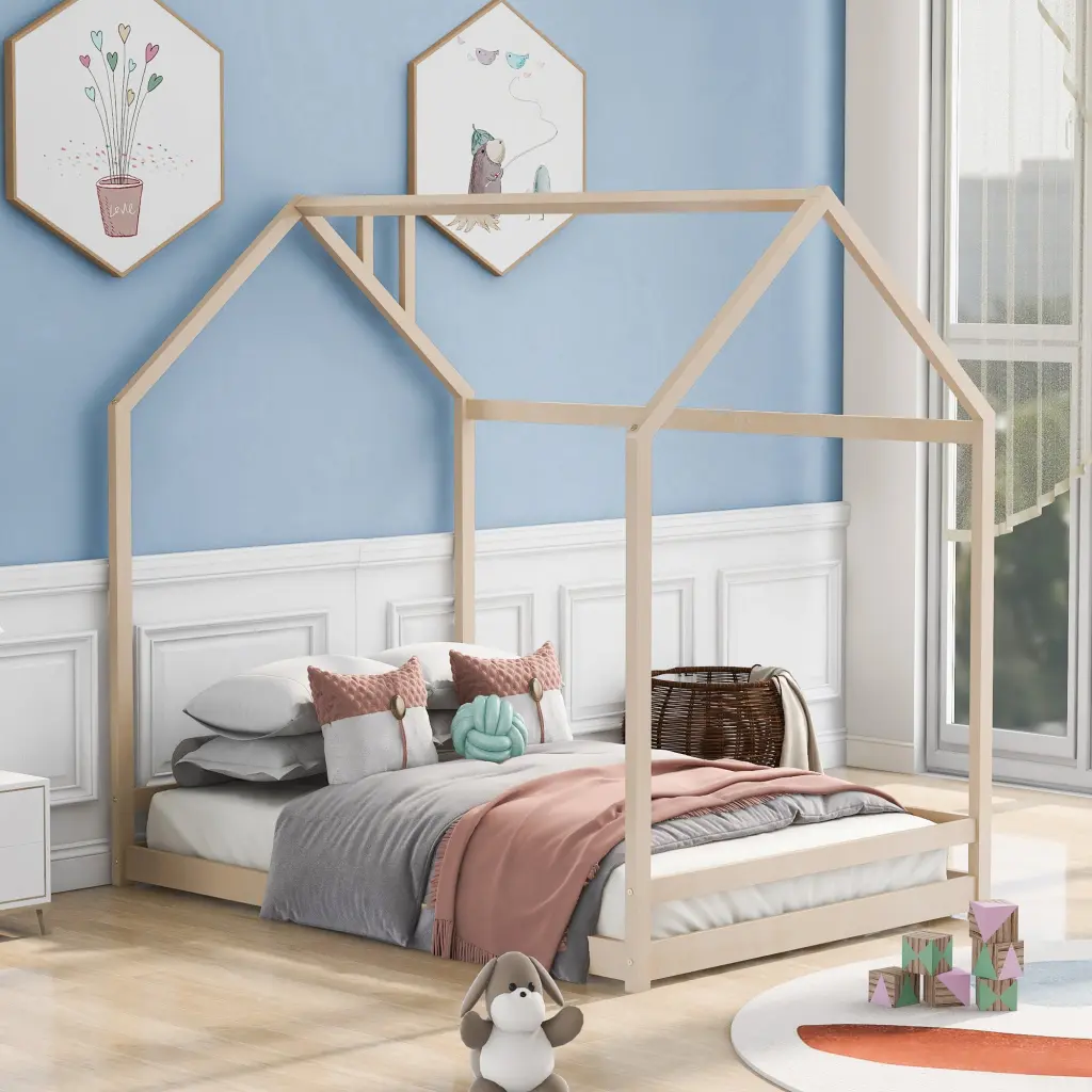 Full Size Houtilize Bed Wood Bed Natural Old Sku Wf281436Aae Natural Solid Wood lucky furniture