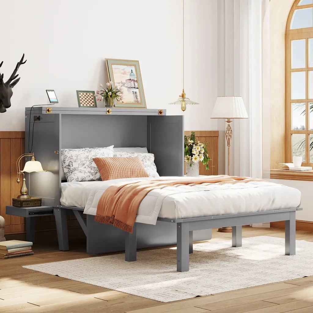 Full Size Murphy Bed USB Port And Removable Shelves Space Saving Design lucky furniture