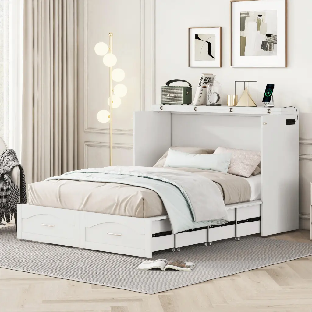 Full Size Murphy Bed Wall Bed Drawer and USB Ports Space Saving Solution lucky furniture