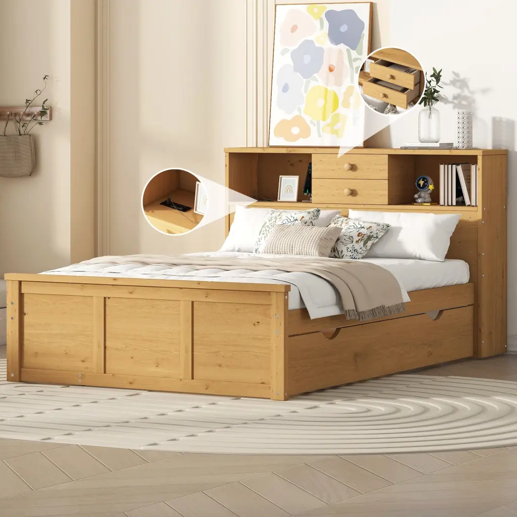 Full Size Wood Platform Bed Twin Trundle and 3 Drawers lucky furniture