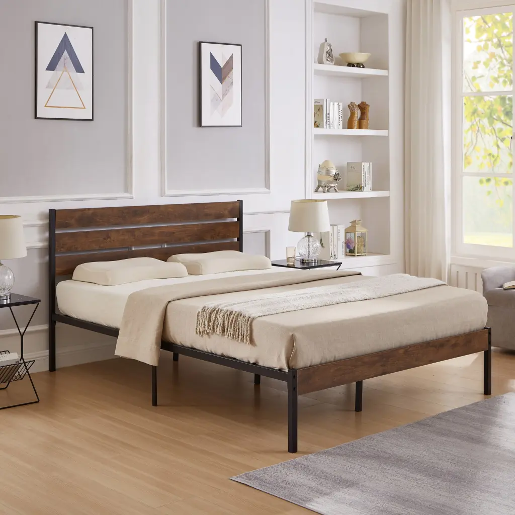 Full Size Bed Frame Wood Headboard, Metal Frame Strong Slats rnb
