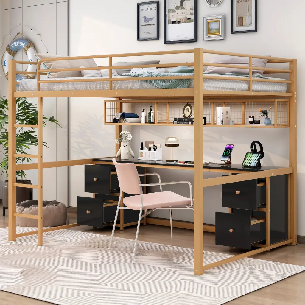 Full Size Metal Loft Bed Desk Drawers and Bedside Tray Charging Station wm dreamland
