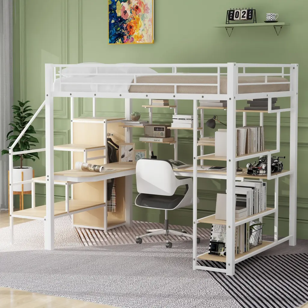 Full Size Metal Loft Bed Storage Staircase and Small Wardrobe Space Saving wm dreamland