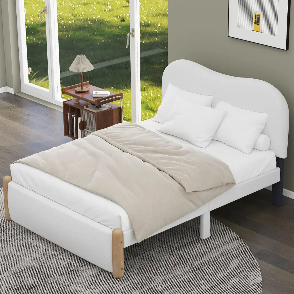 Full Size Upholstered Platform Bed Wood Supporting Feet White wm dreamland