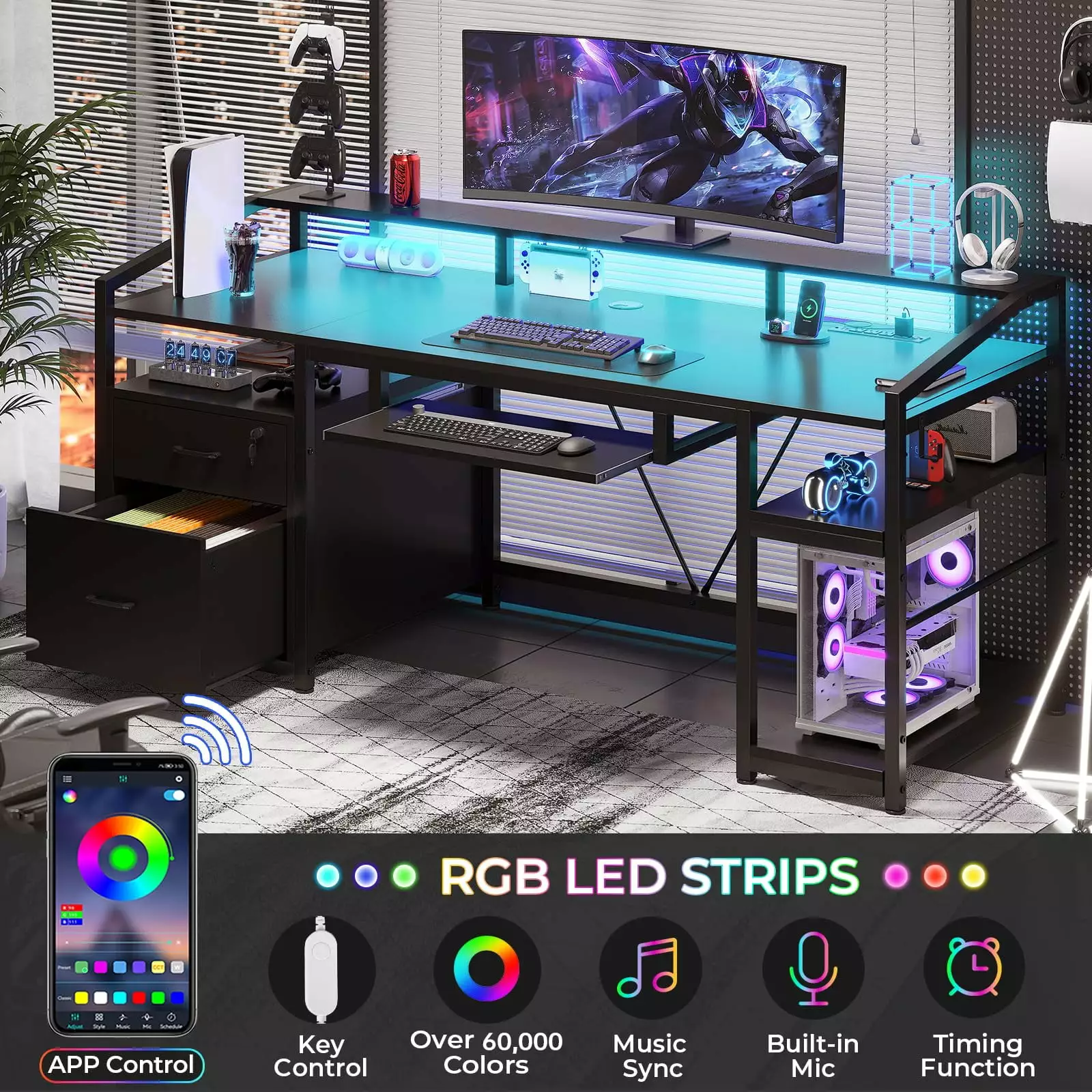 Afuhokles Black Computer Desk Lock Drawers, LED Light, and Power Outlet - Gaming Desk
