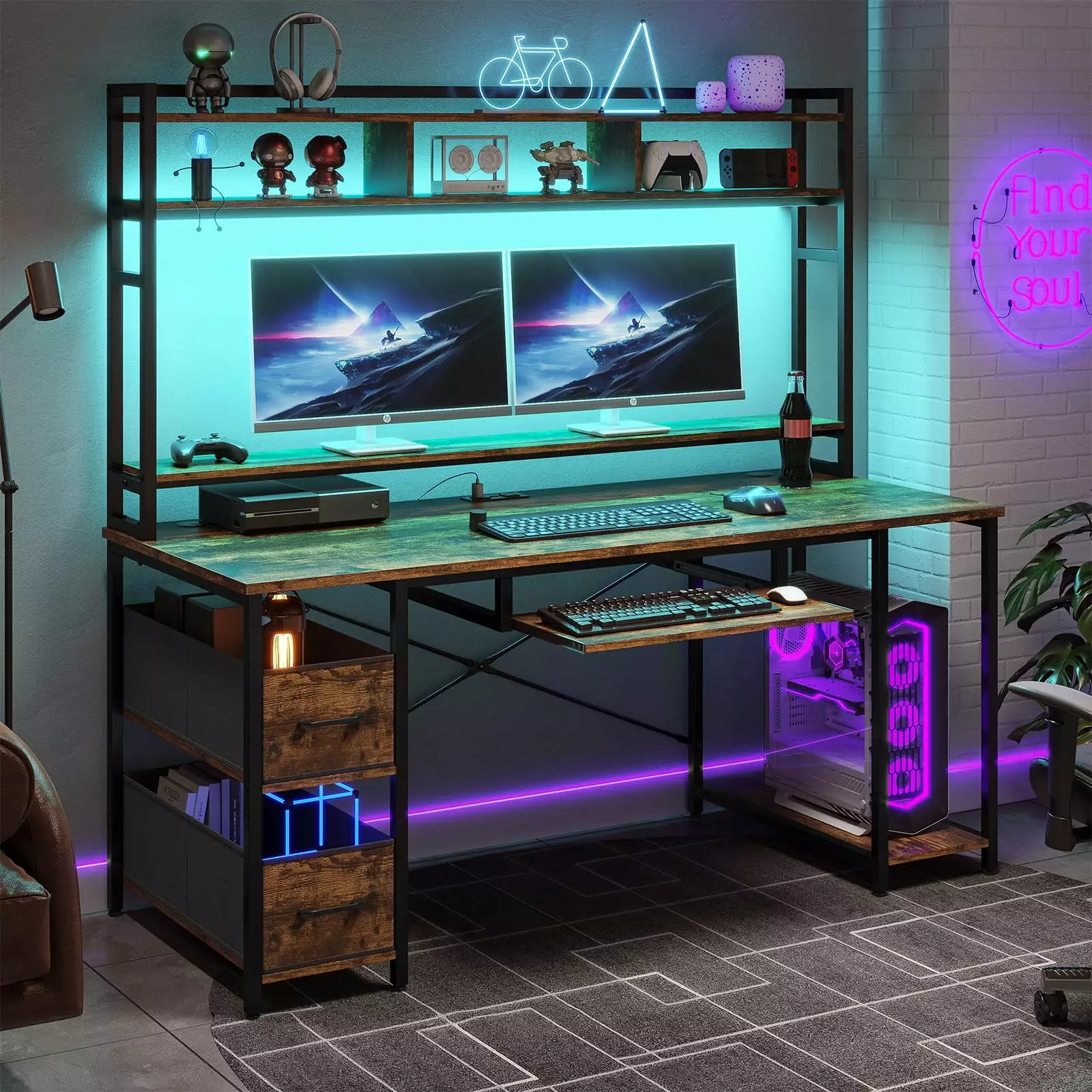 Afuhokles Computer Desk Drawer Power Outlet 55 Gaming Desk LED Lights Hutch Rustic Brown