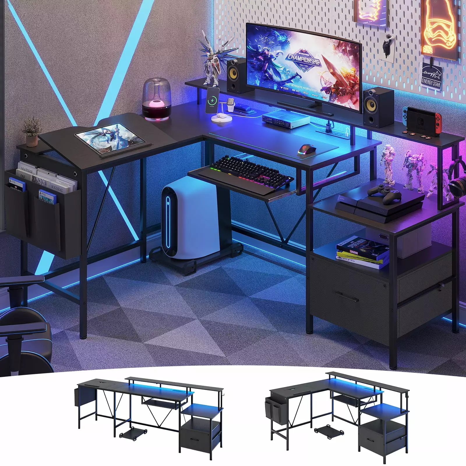 Afuhokles L Shaped LED Gaming Desk - Reversible Corner Computer Desk Power Outlet and Storage