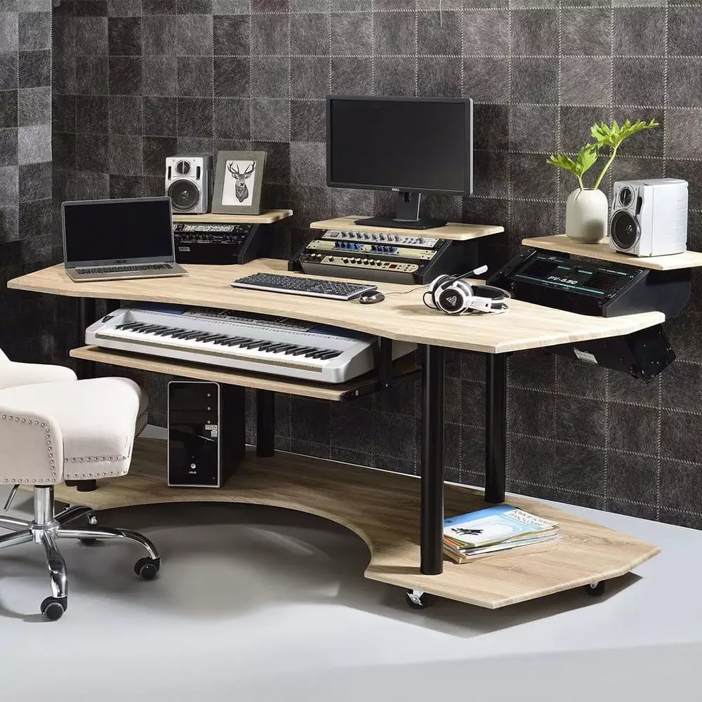 Gaming Desk Monitor Shelf and Keyboard Tray - 83 x 40 Oak Color Large Computer Desk ARCTICSCORPION