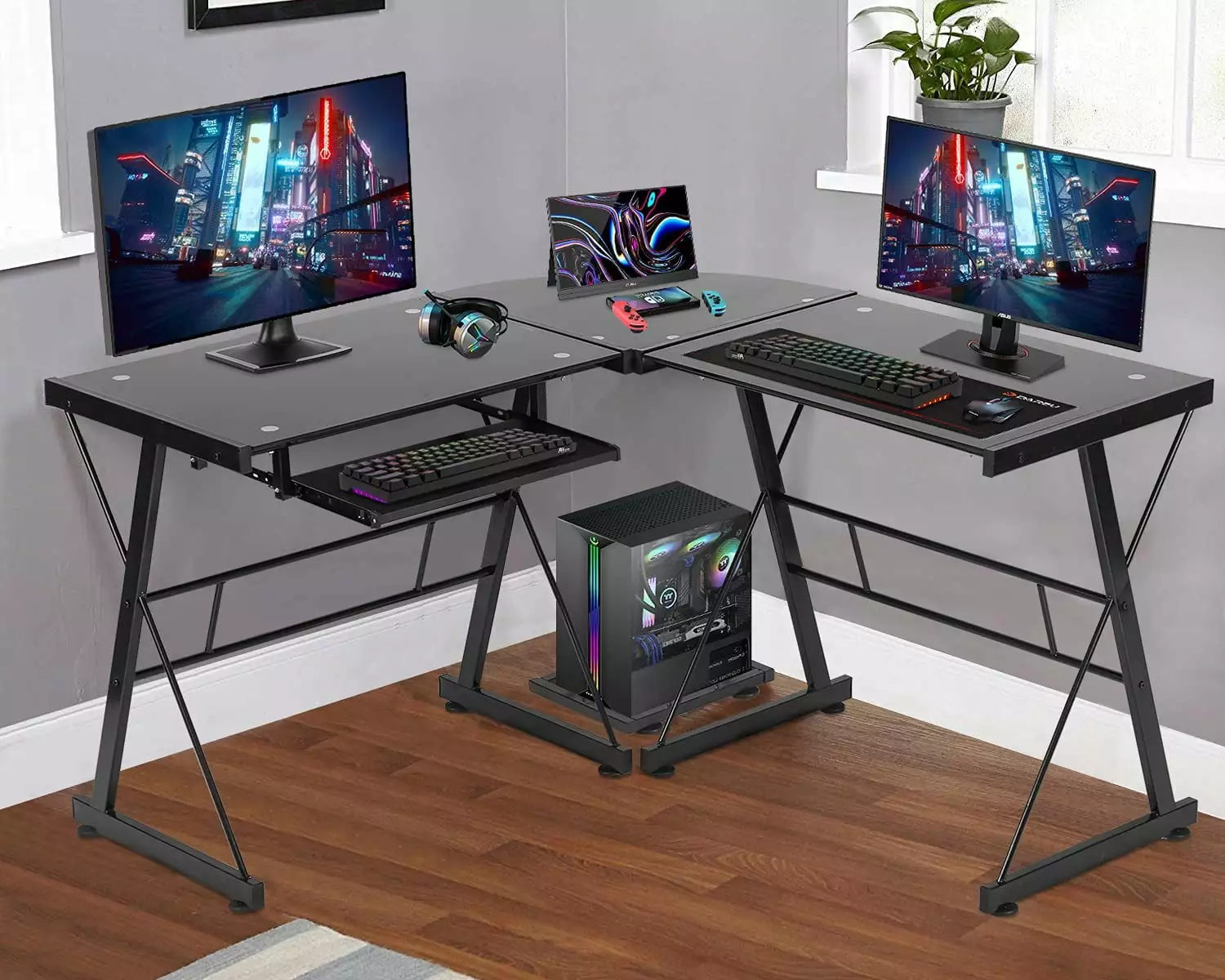 BestOffice L Shaped Computer Gaming Desk Toughened Glass Top - Modern Black PC Desk